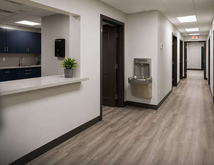 Medical office construction corridor with break area