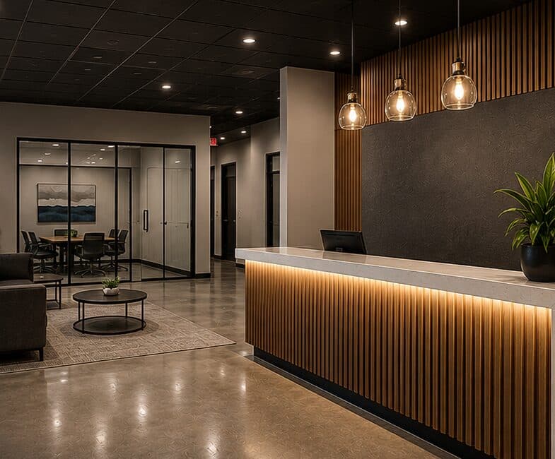 Design-build commercial interior with custom reception desk by Sarmento Bros. Construction