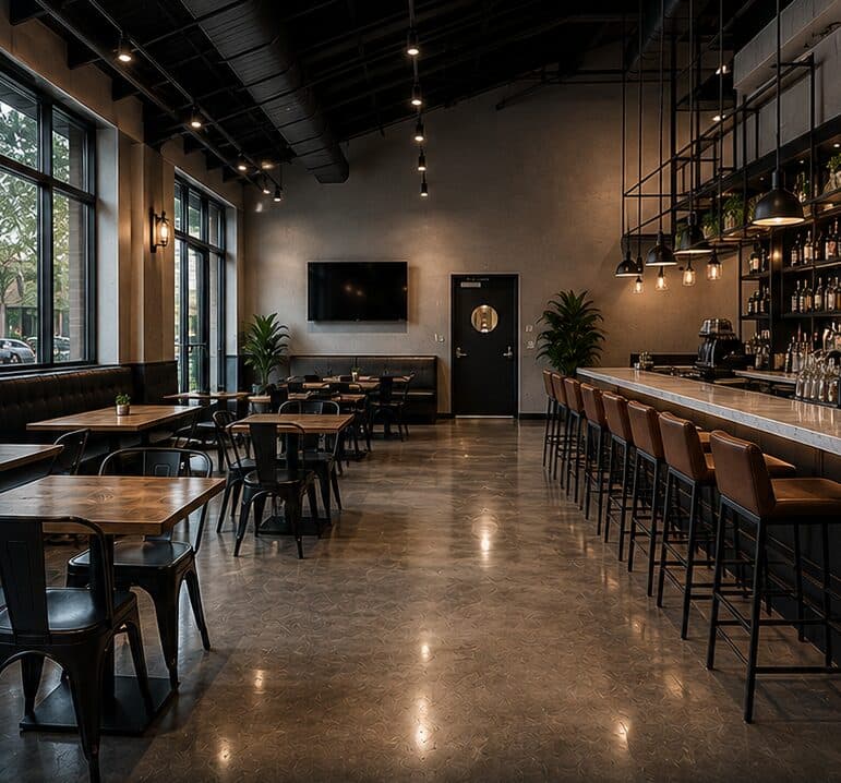 Restaurant construction project with finished bar and dining area