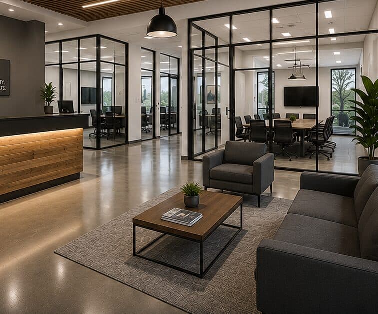 Completed commercial tenant improvement lobby with glass-walled offices in Northern California