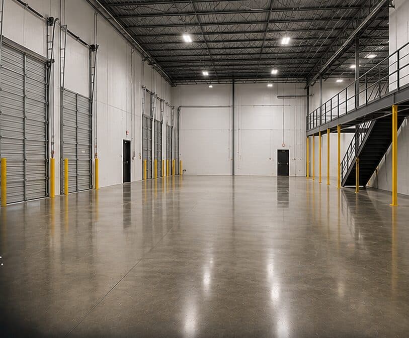 Completed warehouse improvement with sealed concrete floors and upgraded LED lighting